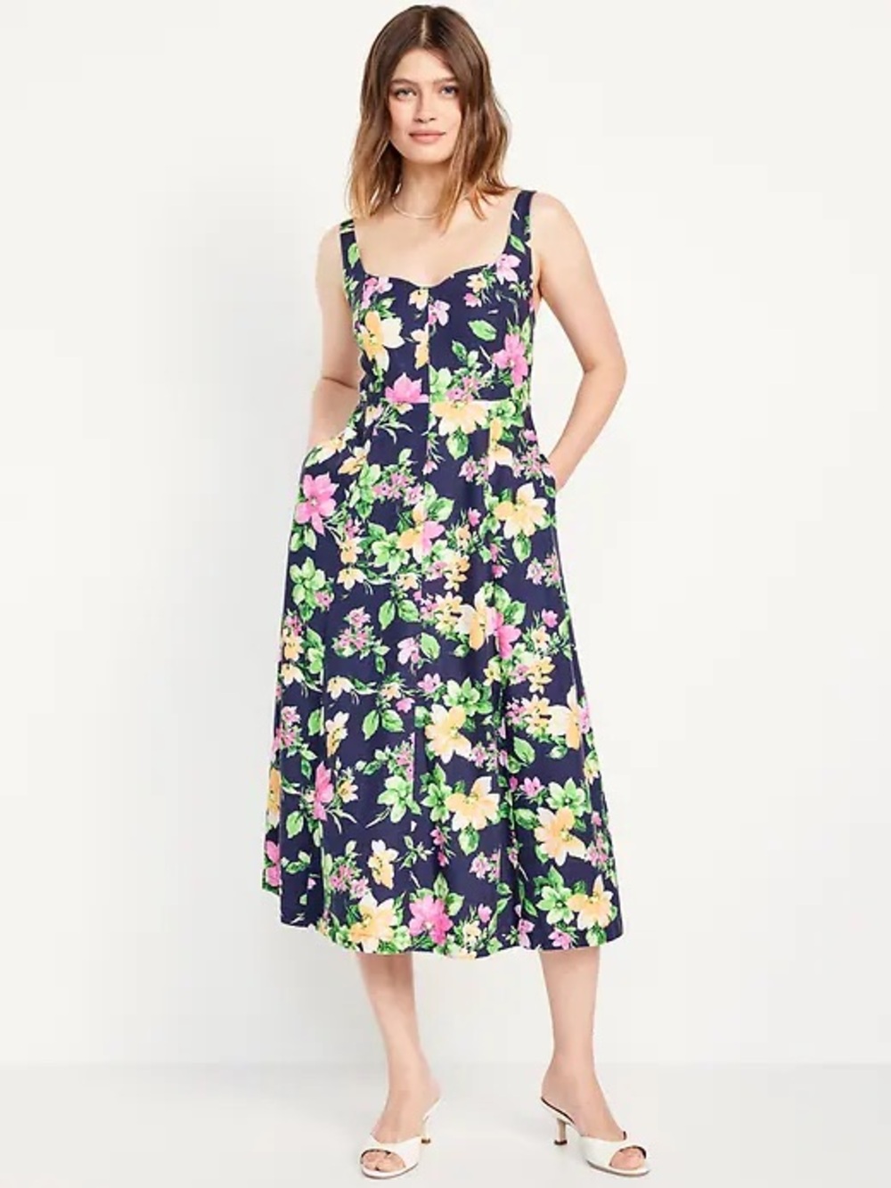 Old Navy Maternity Fit and Flare Linen Blend Navy Floral Midi Summer Dress